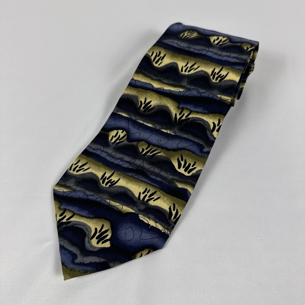 J Garcia Silk Tie Vintage Navy Gold Nature Duckworm Alarm Collection 14 3.75" W